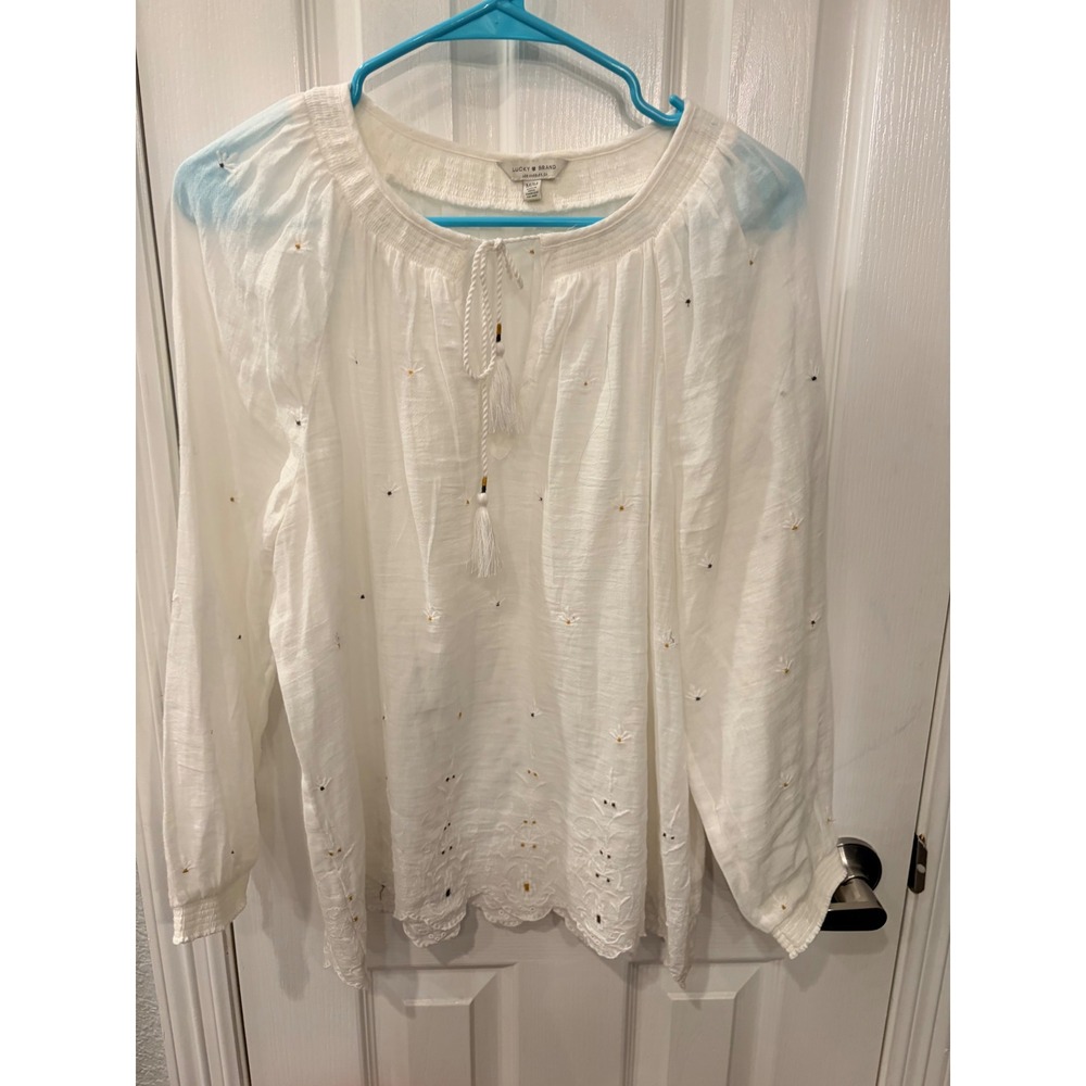 Lucky Brand Peasant Blouse White Embroidered Eyelet Tassel Boho Top M